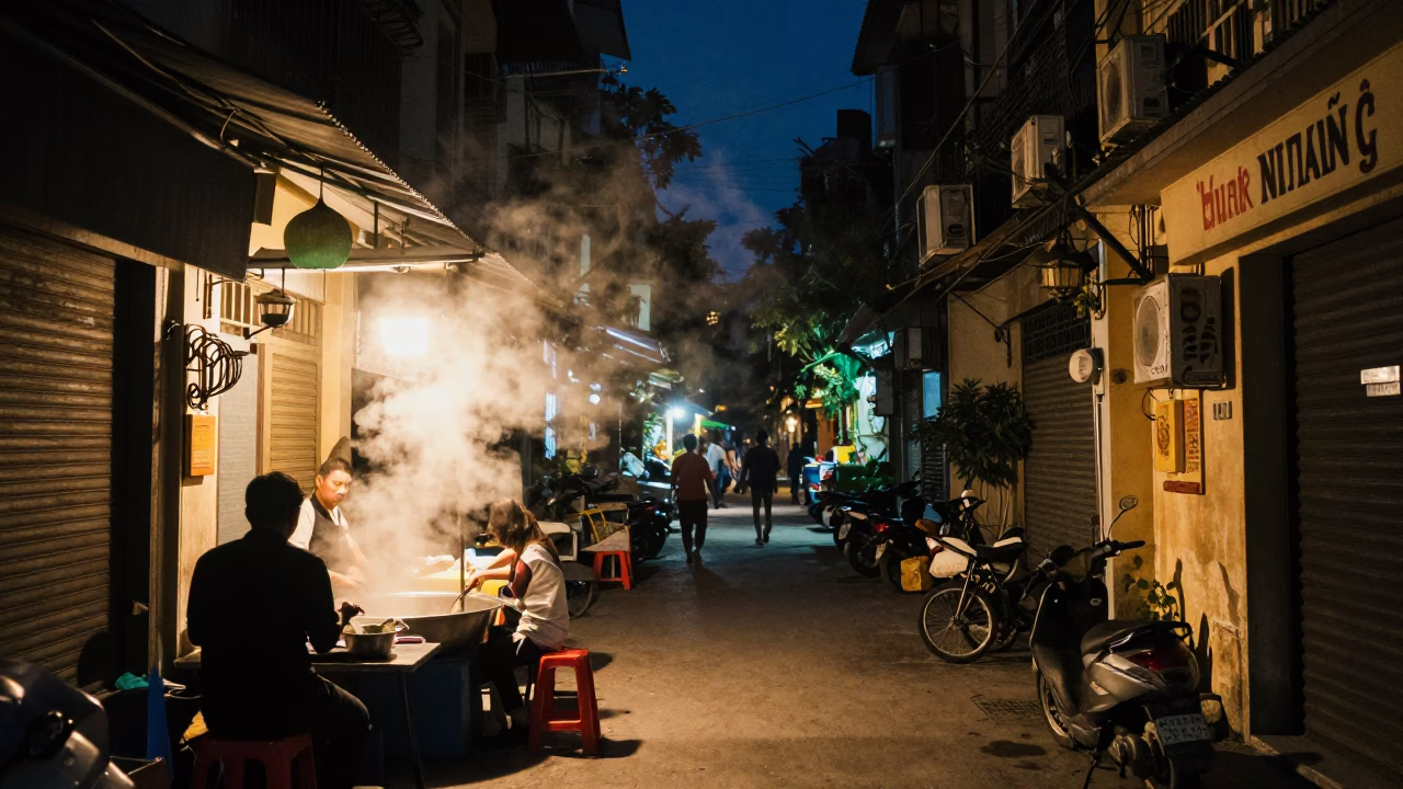Deep Night Hanoi Street Scene with Steam Haze and Tea Kettle in in Hanoi, Vietnam