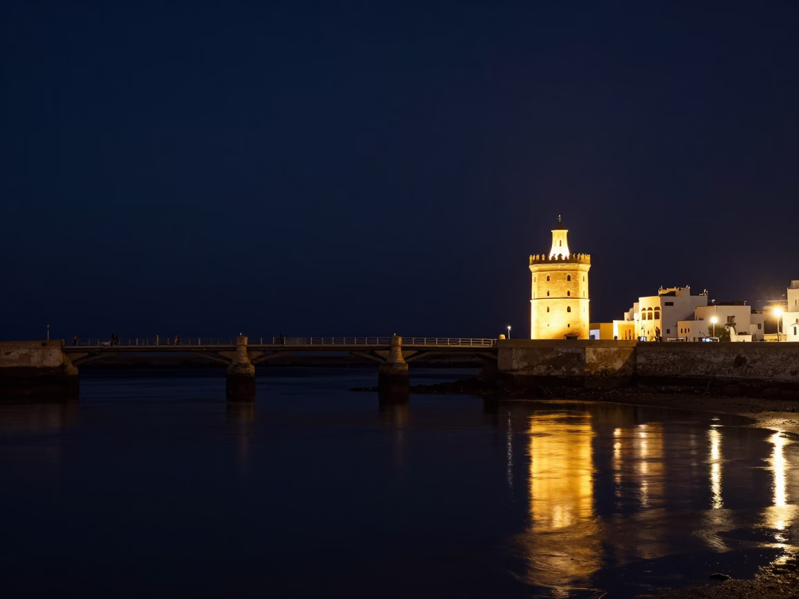 Deep Night Harbor Scene in Essaouira Morocco with Drawbridge Tower Reflection in in Essaouira, Morocco