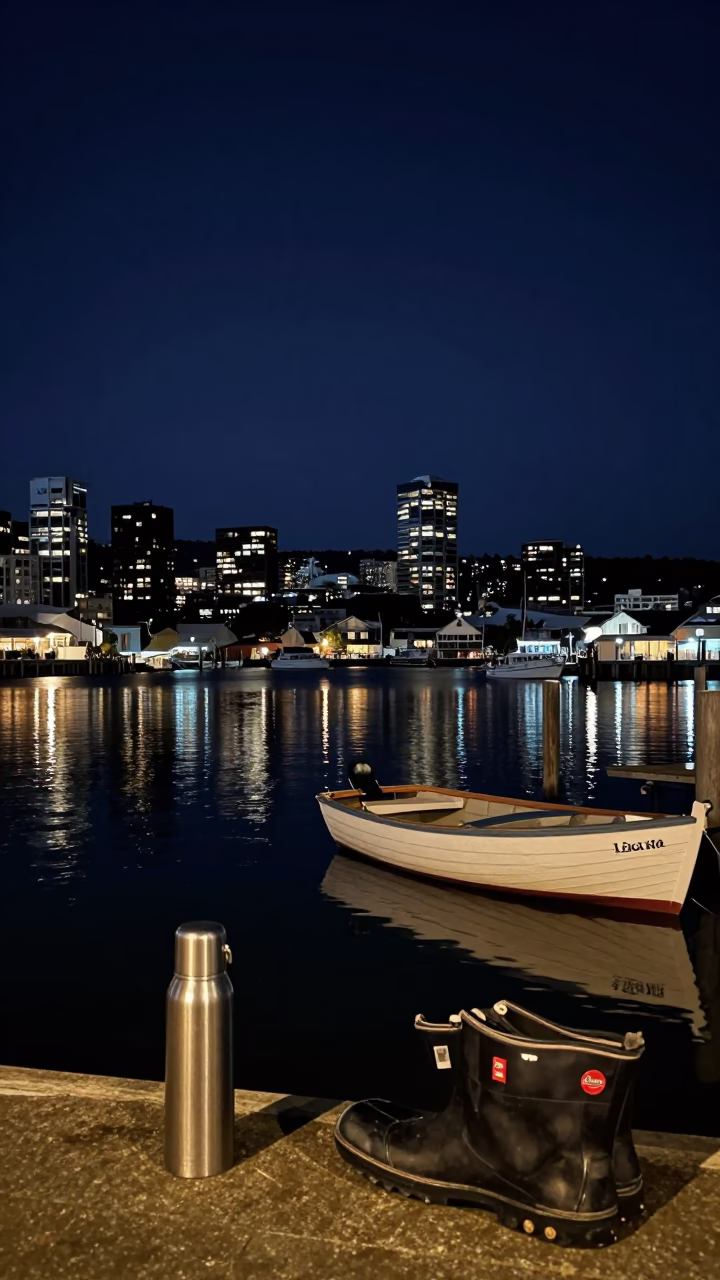 Deep night harbor scene in Wellington New Zealand with thermos and folding ruler in in Wellington, New Zealand