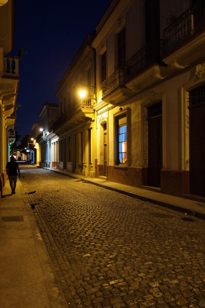 Deep Night Havana Cuba Street Scene with Window Light Reflecting on Tile in in Havana, Cuba