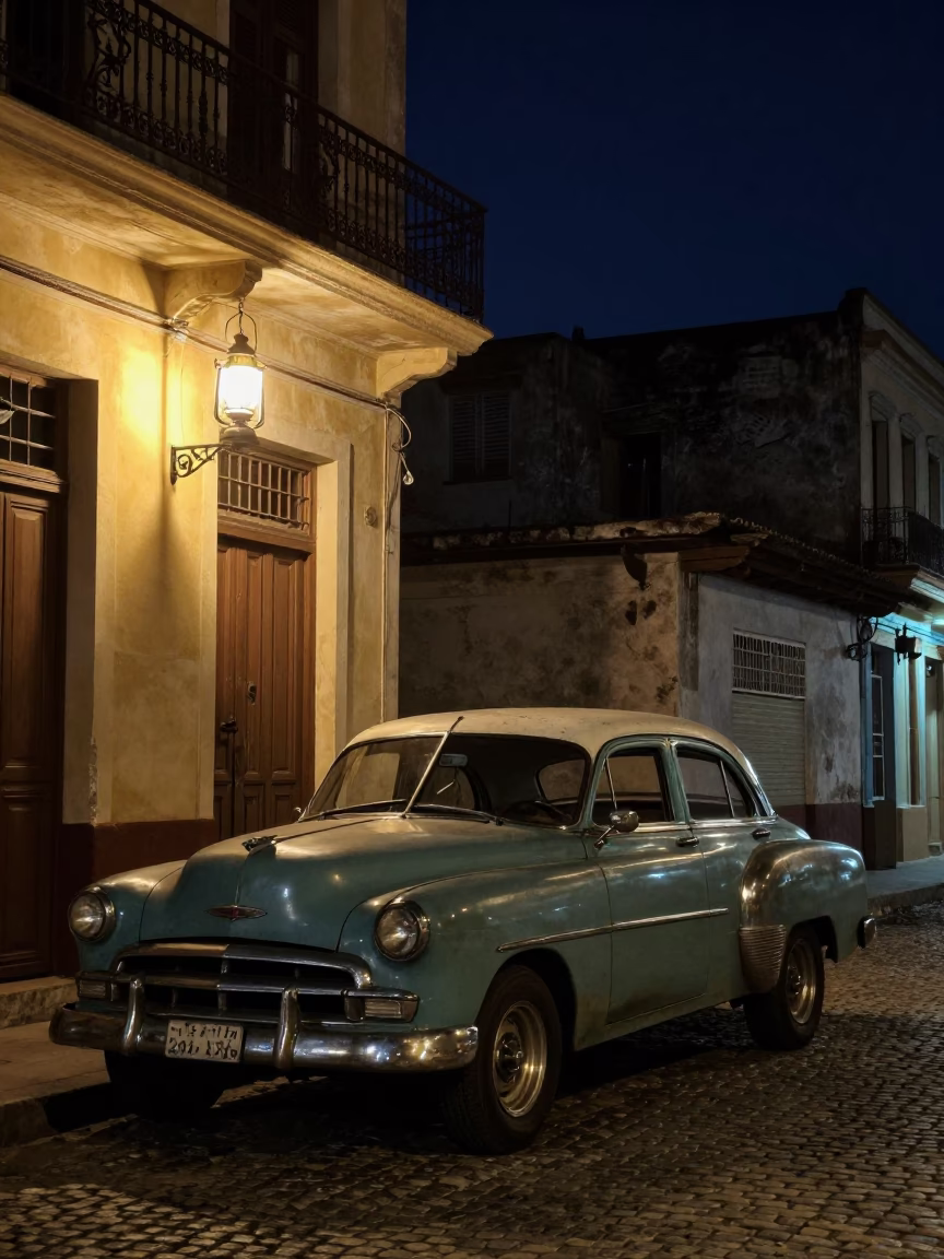Deep Night Havana Street Scene with Vintage Car and Oil Lamp Glow in in Havana, Cuba