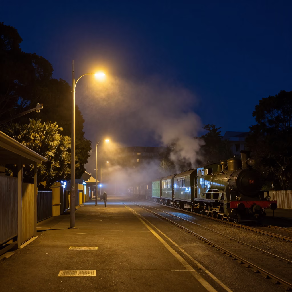 Deep Night Hobart Street Scene with Heritage Steam Train Crossing Moor in in Hobart, Tasmania, Australia