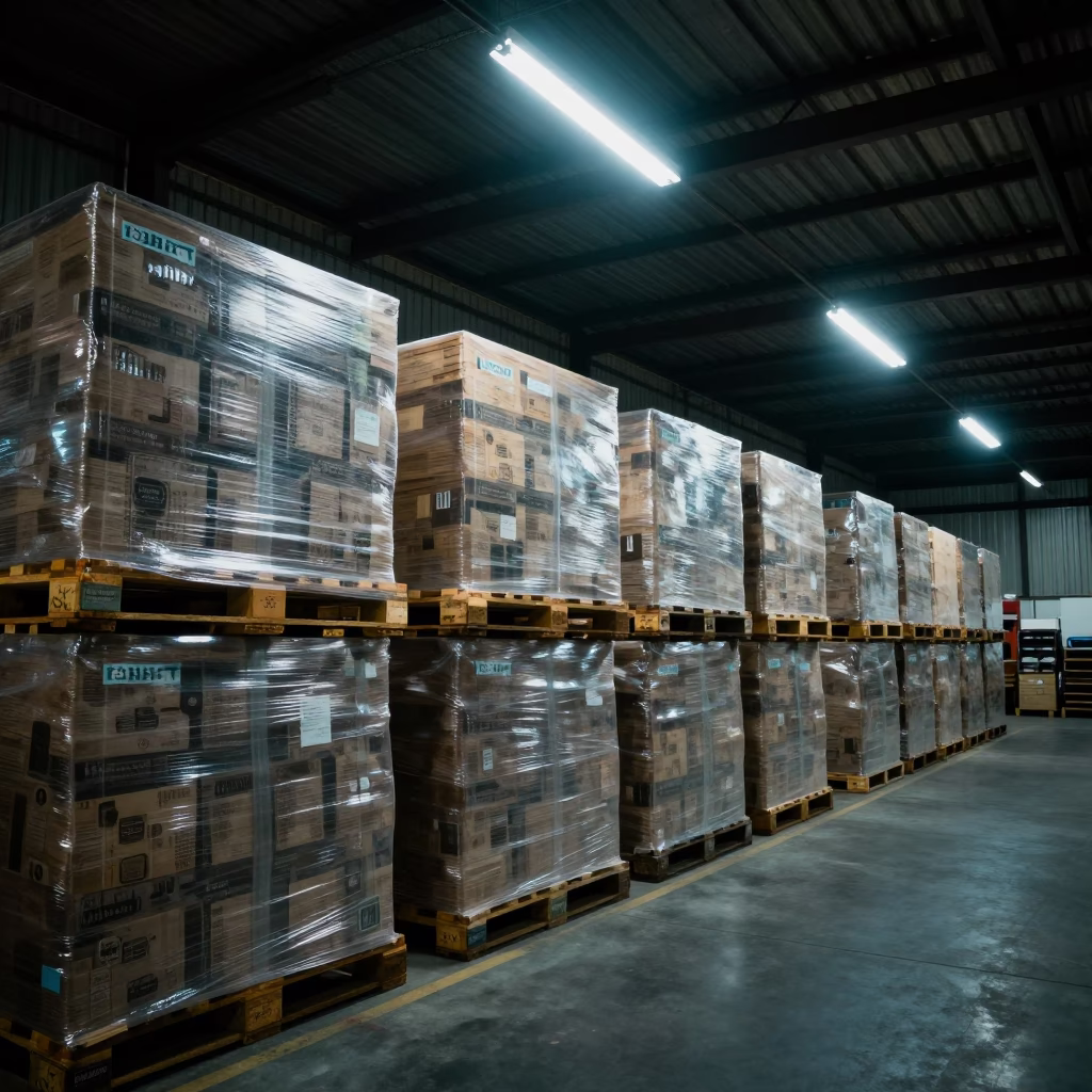 Deep Night Hobart Tasmania Australia Warehouse Interior with Shrink Wrapped Pallets and Strip Lights in in Hobart, Tasmania, Australia