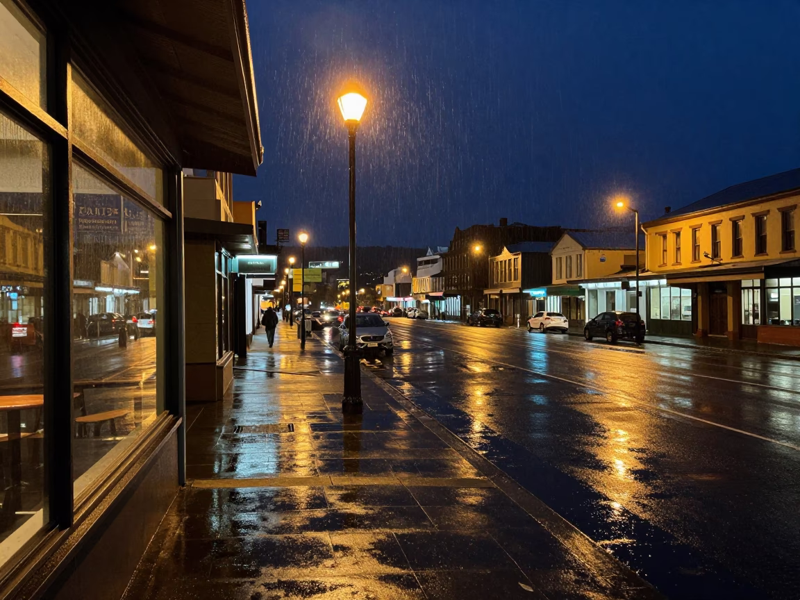 Deep Night Hobart Tasmania Harbor Street Scene with Rain and City Lights in in Hobart, Tasmania, Australia