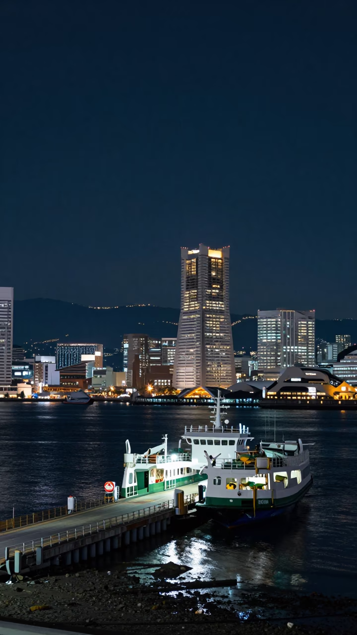 Deep Night Horizon Over Fukuoka City With Ferry Ramp Piling System at Low Tide in in Fukuoka, Japan