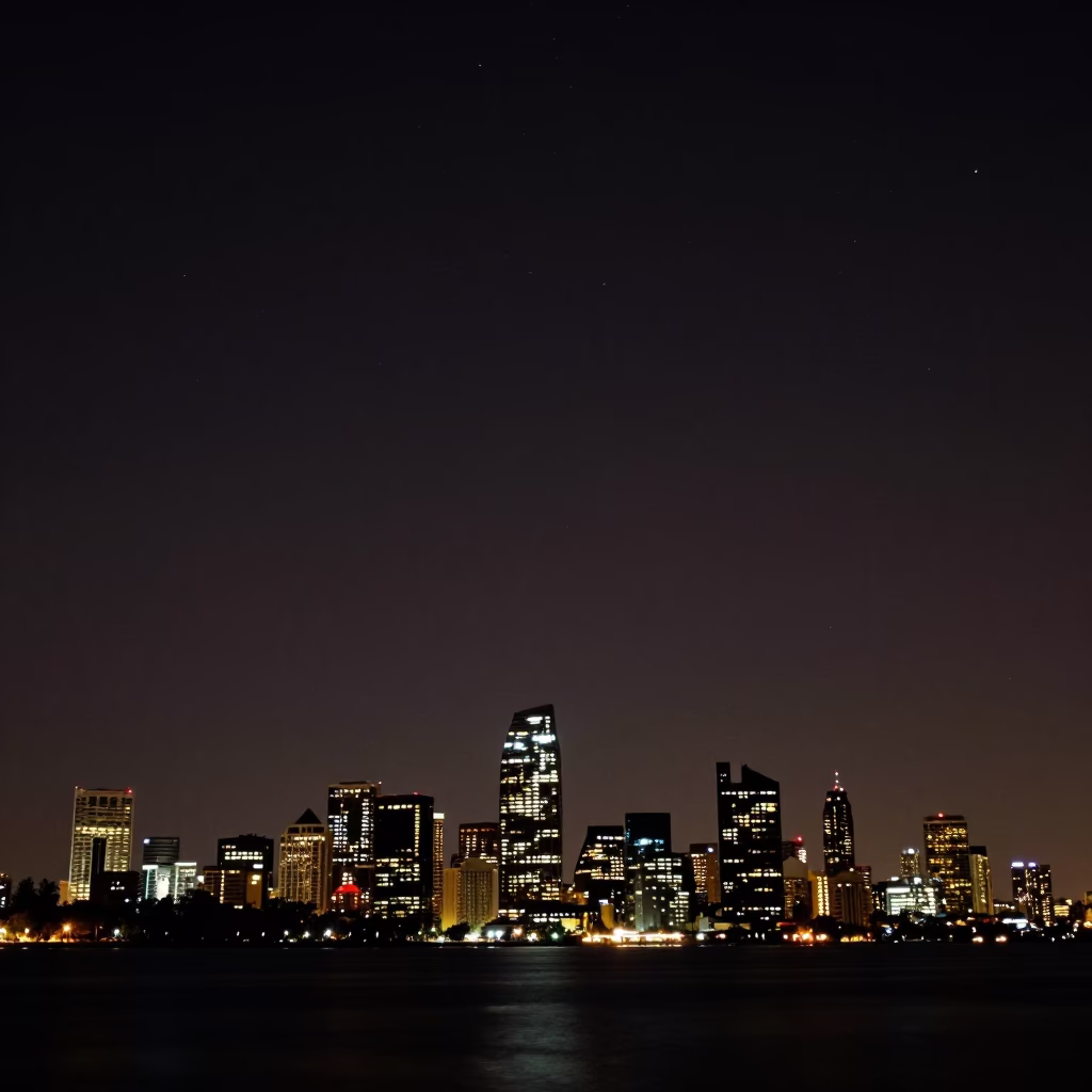 Deep night horizon shot of Perth Western Australia skyline under starry sky in in Perth, Western Australia, Australia