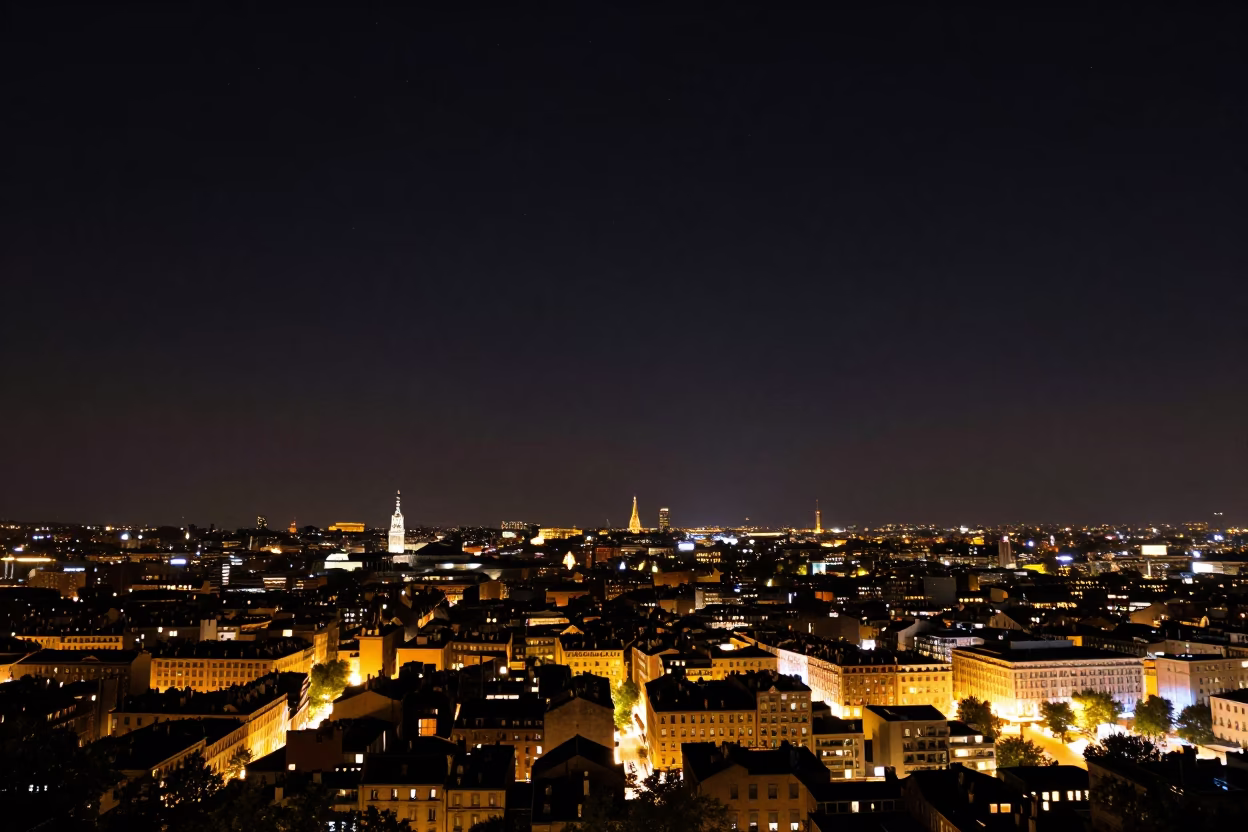 Deep Night Horizon View of Lyon France Under Starry Sky with Faint Urban Lights in in Lyon, France