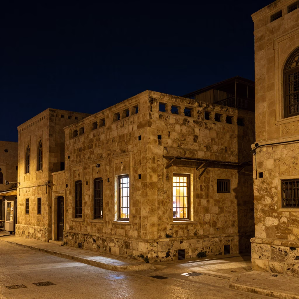 Deep Night in Amman Jordan Street Scene with Traditional Architecture and Canister Set in in Amman, Jordan