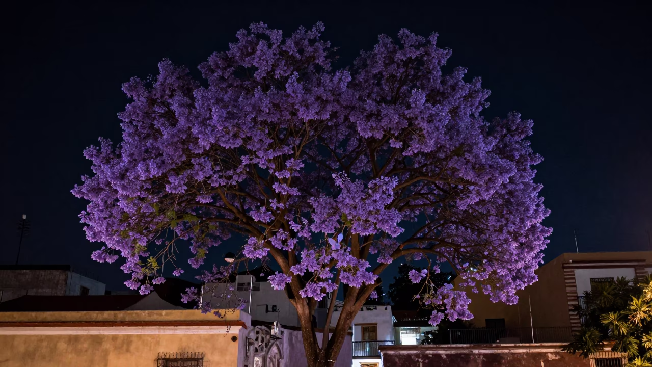 Deep Night in Guadalajara Mexico Jacaranda Tree in Purple Bloom in in Guadalajara, Mexico