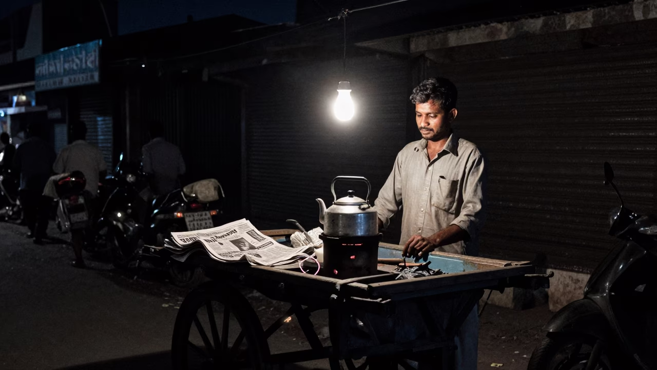 Deep Night in Hyderabad India Street Scene with Kettle and Newspaper Stack in in Hyderabad, India