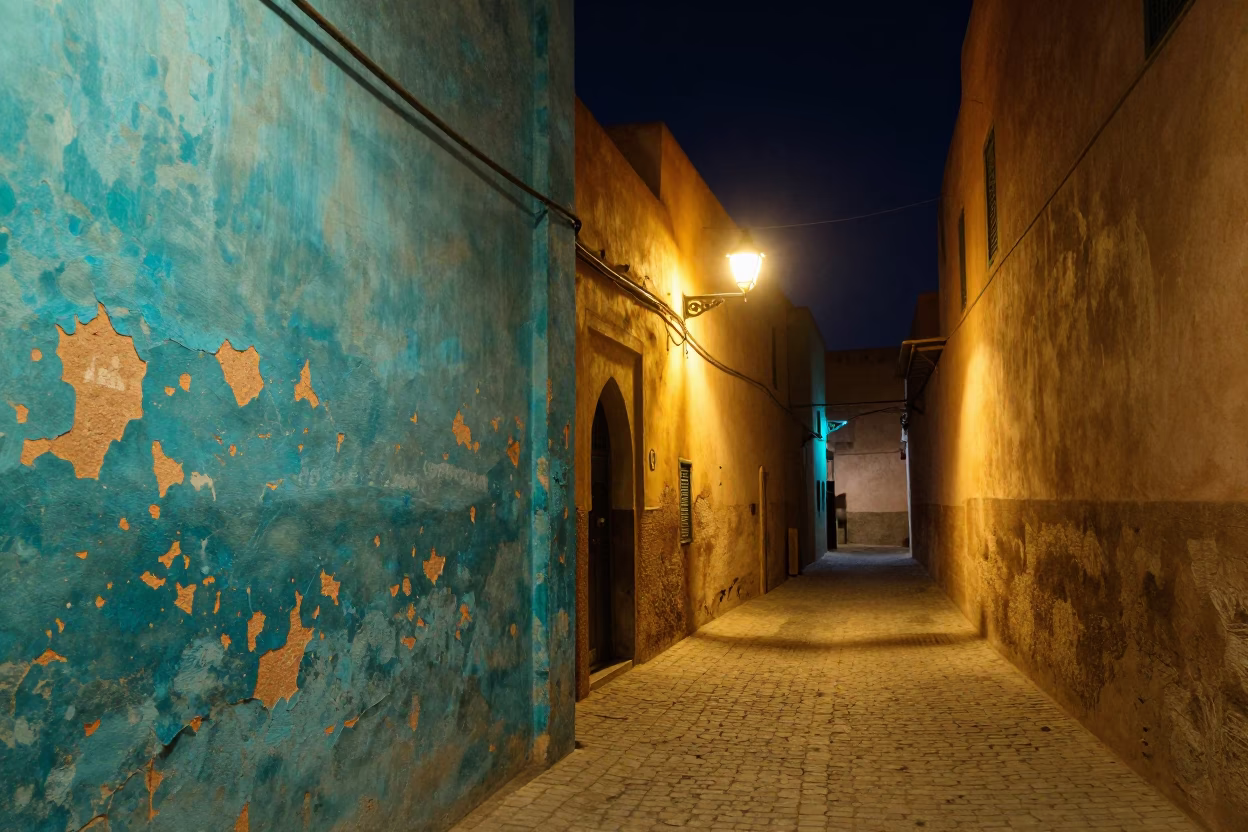 Deep Night in Marrakech Medina Peeling Turquoise Paint Vintage Brass Telescope in in Marrakech, Morocco