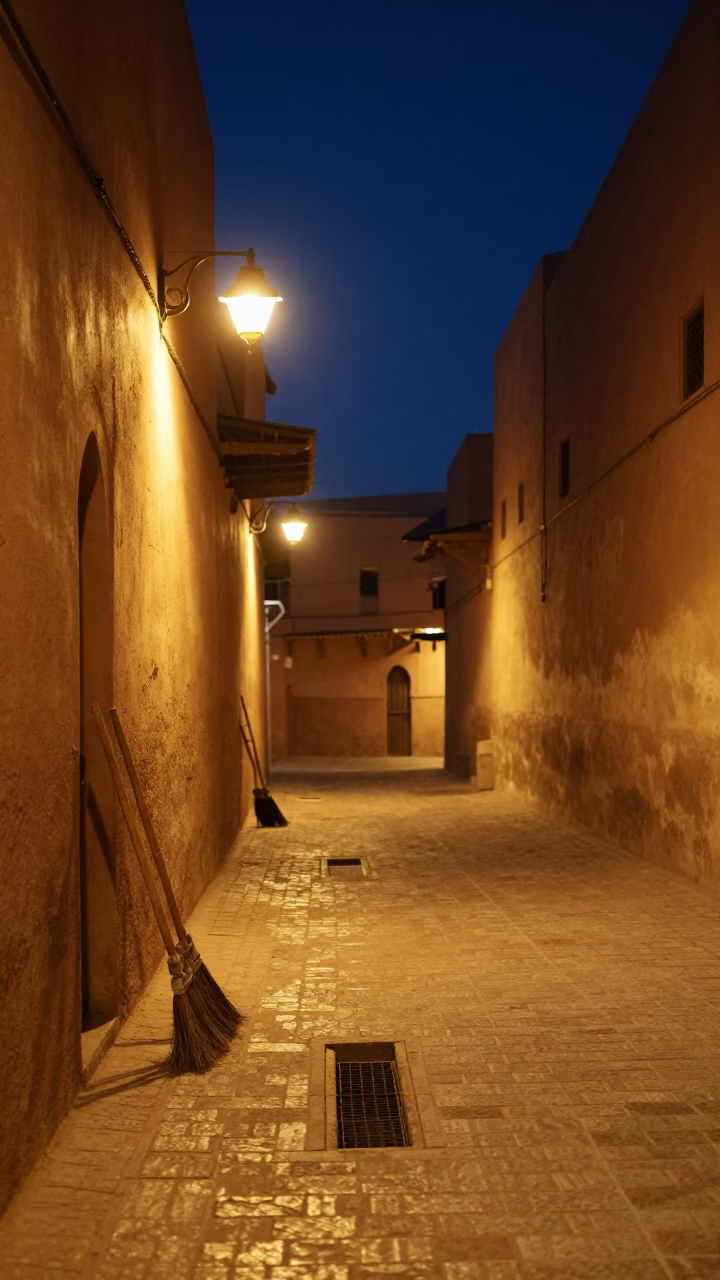 Deep Night in Marrakech Morocco Street Scene with Brooms and Drain Water Rings in in Marrakech, Morocco