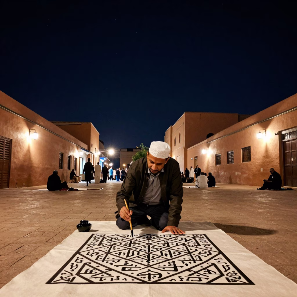Deep Night in Marrakech Morocco Traditional Calligraphy Demonstration Under Starry Sky in in Marrakech, Morocco
