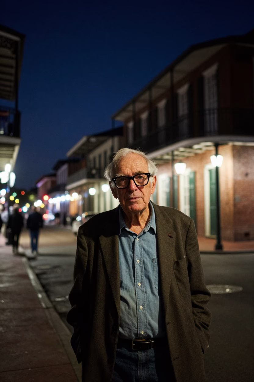 Deep Night in New Orleans Louisiana Street Scene with Retired Astronomer and Vintage Details in in New Orleans, Louisiana, United States