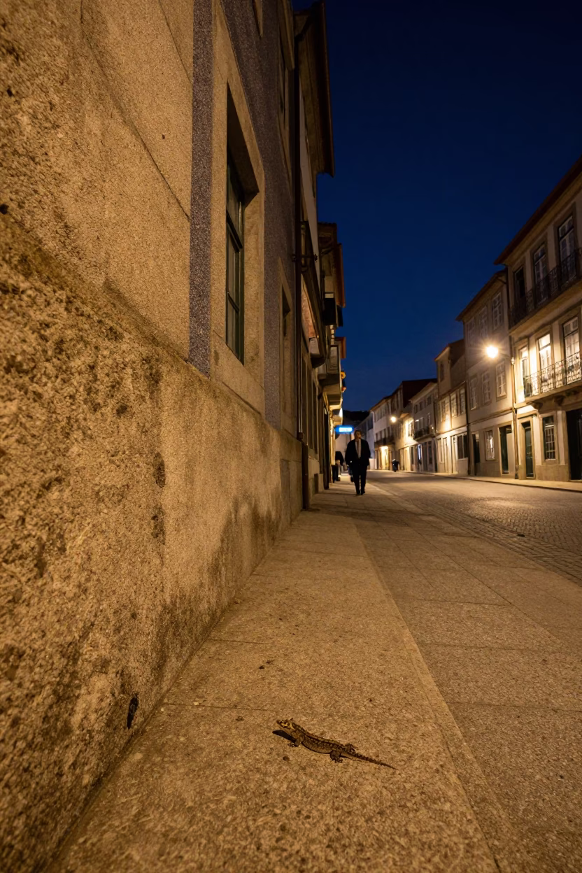 Deep Night in Porto Portugal Street Scene with Gecko and Vintage Charm in in Porto, Portugal