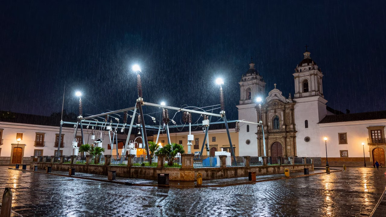 Deep Night in Quito Ecuador with Sparkling Substation Insulators and Rain in in Quito, Ecuador