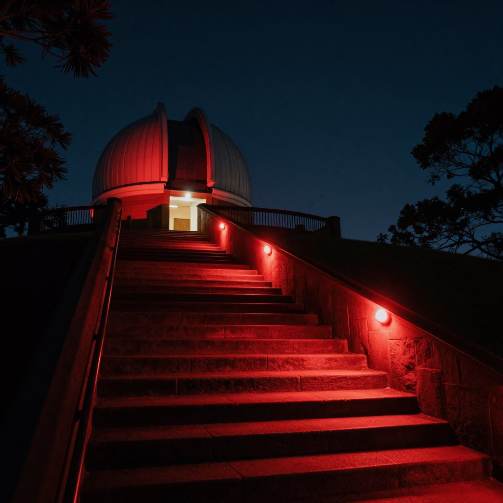 Deep Night in Sydney Observatory Hill Red Lit Stairwell and Steel Catwalk in in Sydney, New South Wales, Australia