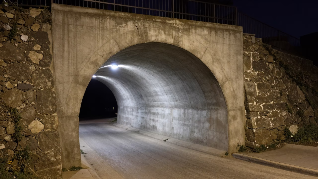 Deep Night in Valparaiso Chile Tunnel Portal with Fresh Concrete and Ferry Mountains in in Valparaiso, Chile