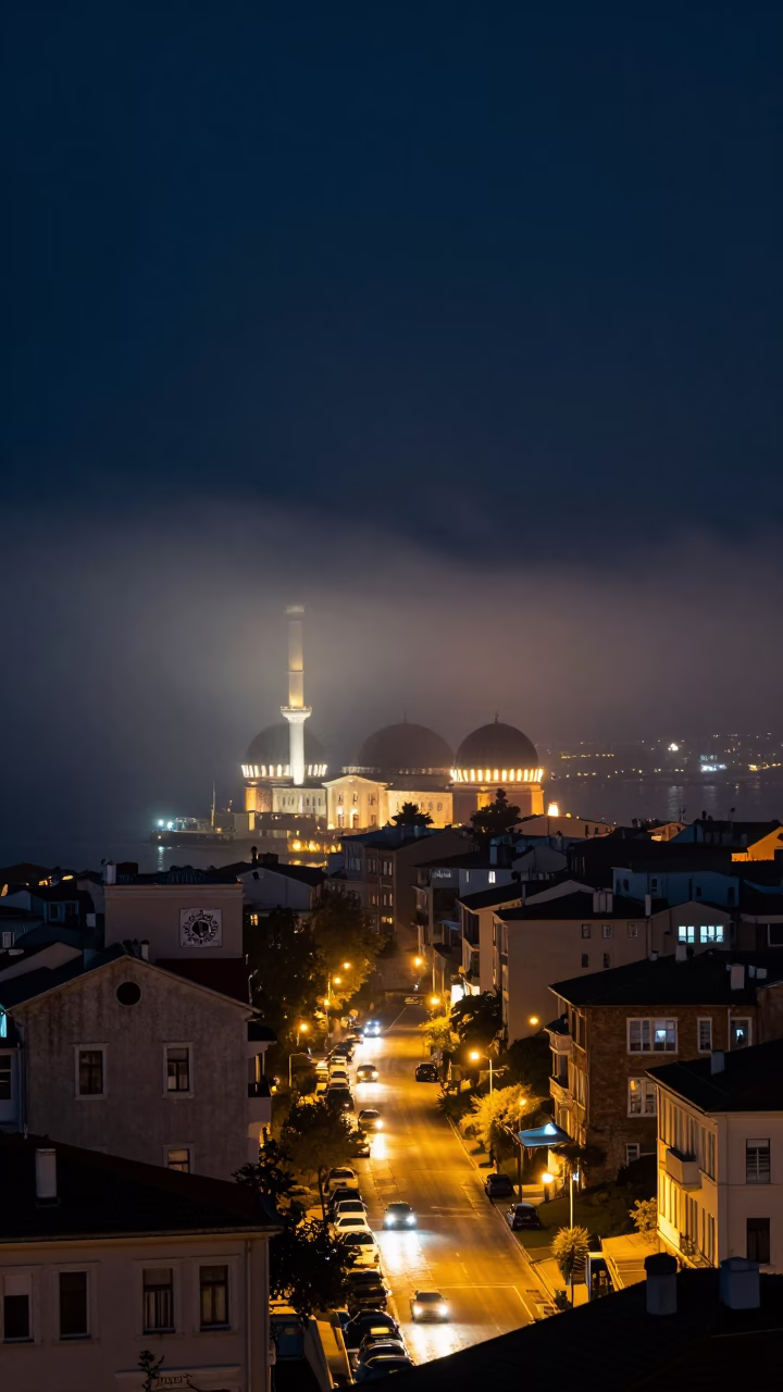 Deep Night Izmir Turkey Street Scene with Observatory Dome and Moonlit Surf in in Izmir, Turkey