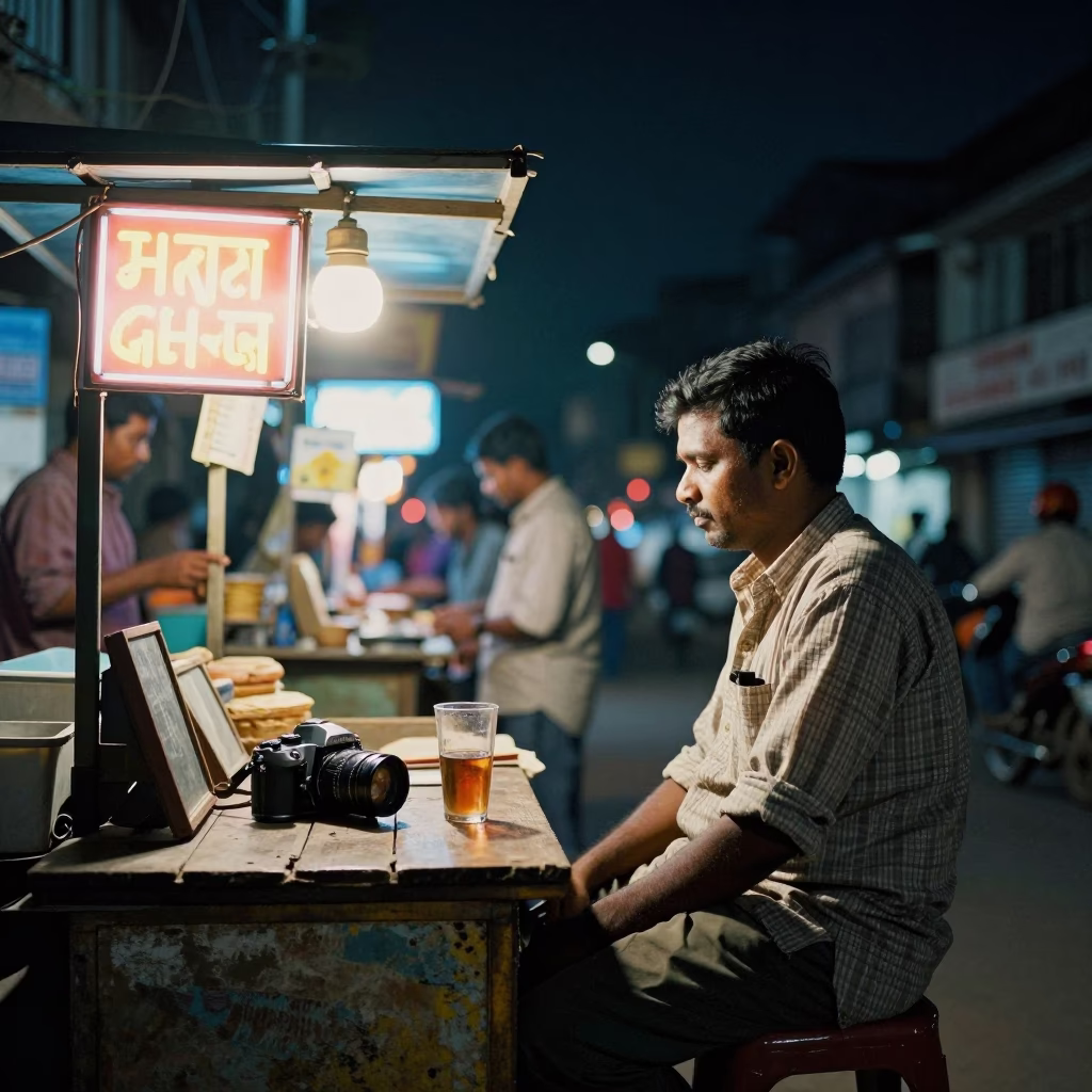 Deep Night Kolkata Street Scene with Vintage Camera and Neon Reflections in in Kolkata, India