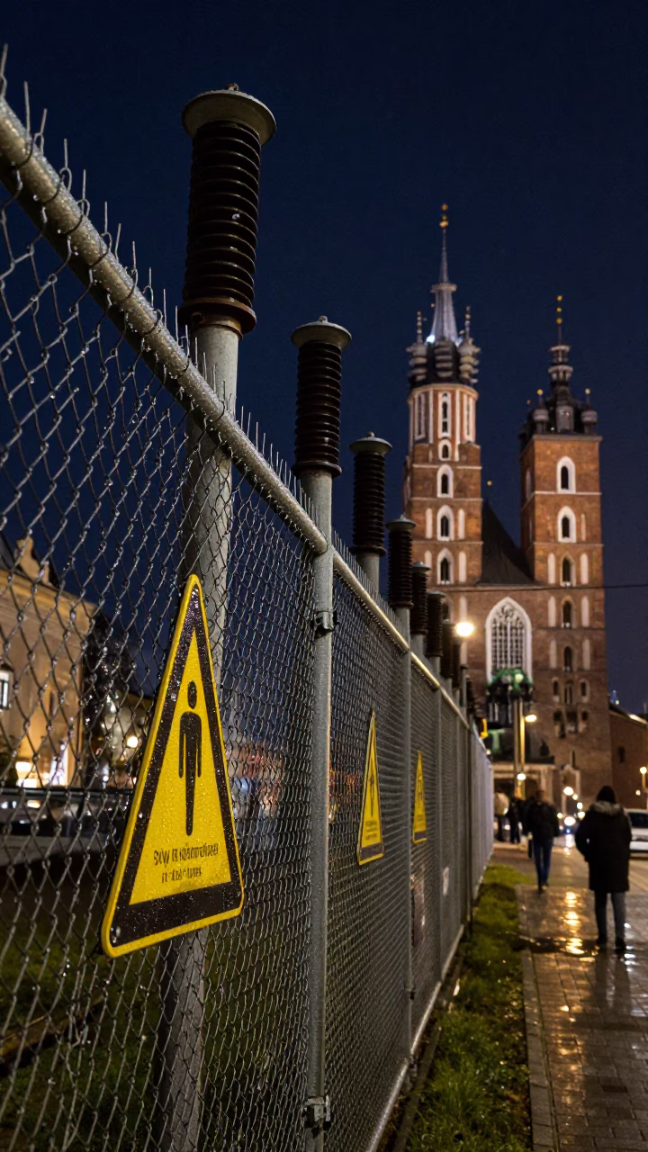 Deep Night Krakow Street Scene with Substation Fence and Dew Beads in in Krakow, Poland