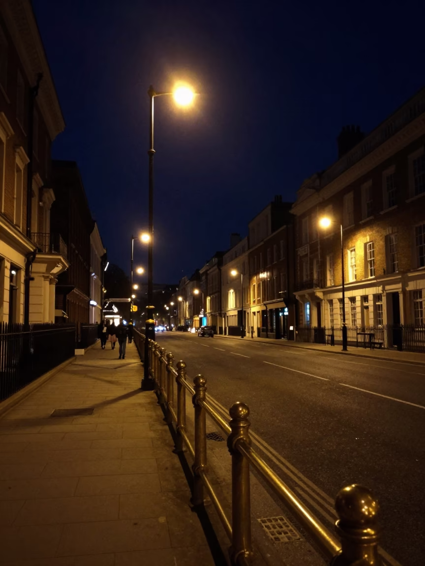 Deep Night London Street Scene with Polished Brass Rail and Dimly Lit Urban Architecture in in London, United Kingdom
