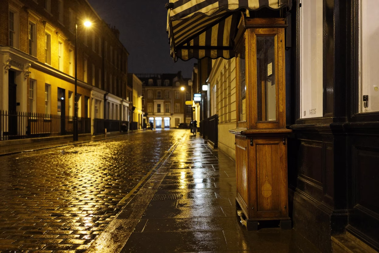 Deep Night London Street Scene with Valet Stand Reflecting Headlight Streaks in in London, United Kingdom