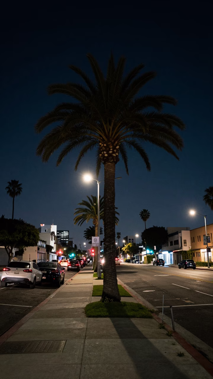 Deep Night Los Angeles Street Scene with Date Palm and Urban Infrastructure in in Los Angeles, California, United States
