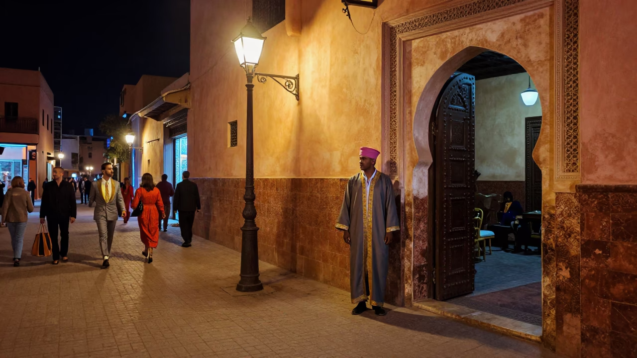 Deep Night Marrakech Morocco High Fashion Colorful 1960s Street Photography Scene in in Marrakech, Morocco