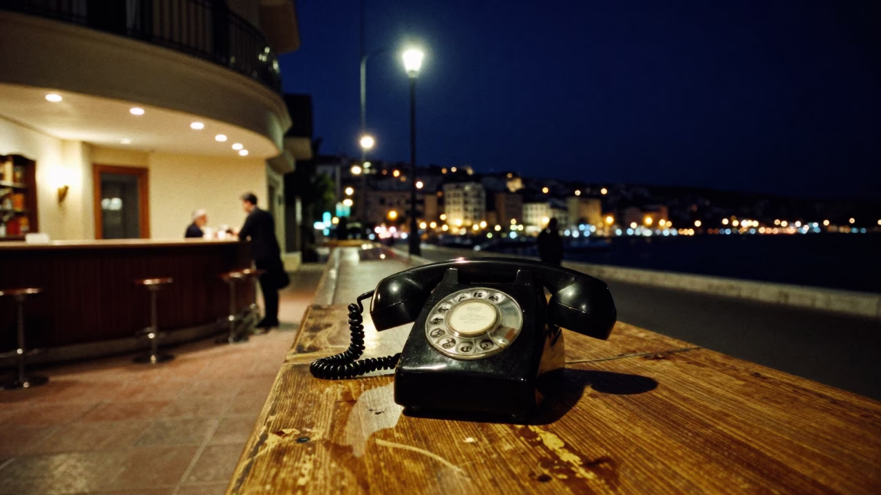 Deep Night Marseille Street Scene With Vintage Bakelite Telephone On Hotel Desk in in Marseille, France