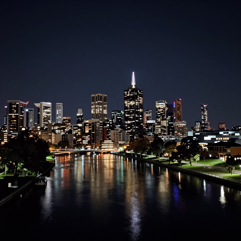 Deep Night Melbourne Skyline Reflections and Street Scene in in Melbourne, Victoria, Australia