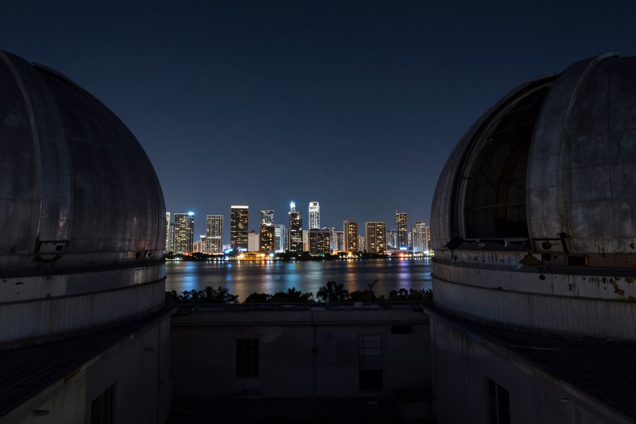 Deep Night Miami Skyline View from Abandoned Observatory Dome Overlooking Spiral Harbor Breakwater in in Miami, Florida, United States