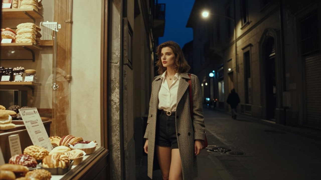 Deep Night Milan Street Scene with Vintage Fashion and Urban Details in in Milan, Italy