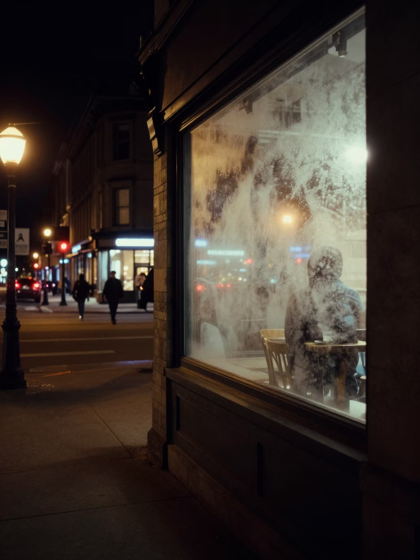 Deep Night Montreal Quebec Street Scene with Fogged Window and Urban Reflections in in Montreal, Quebec, Canada