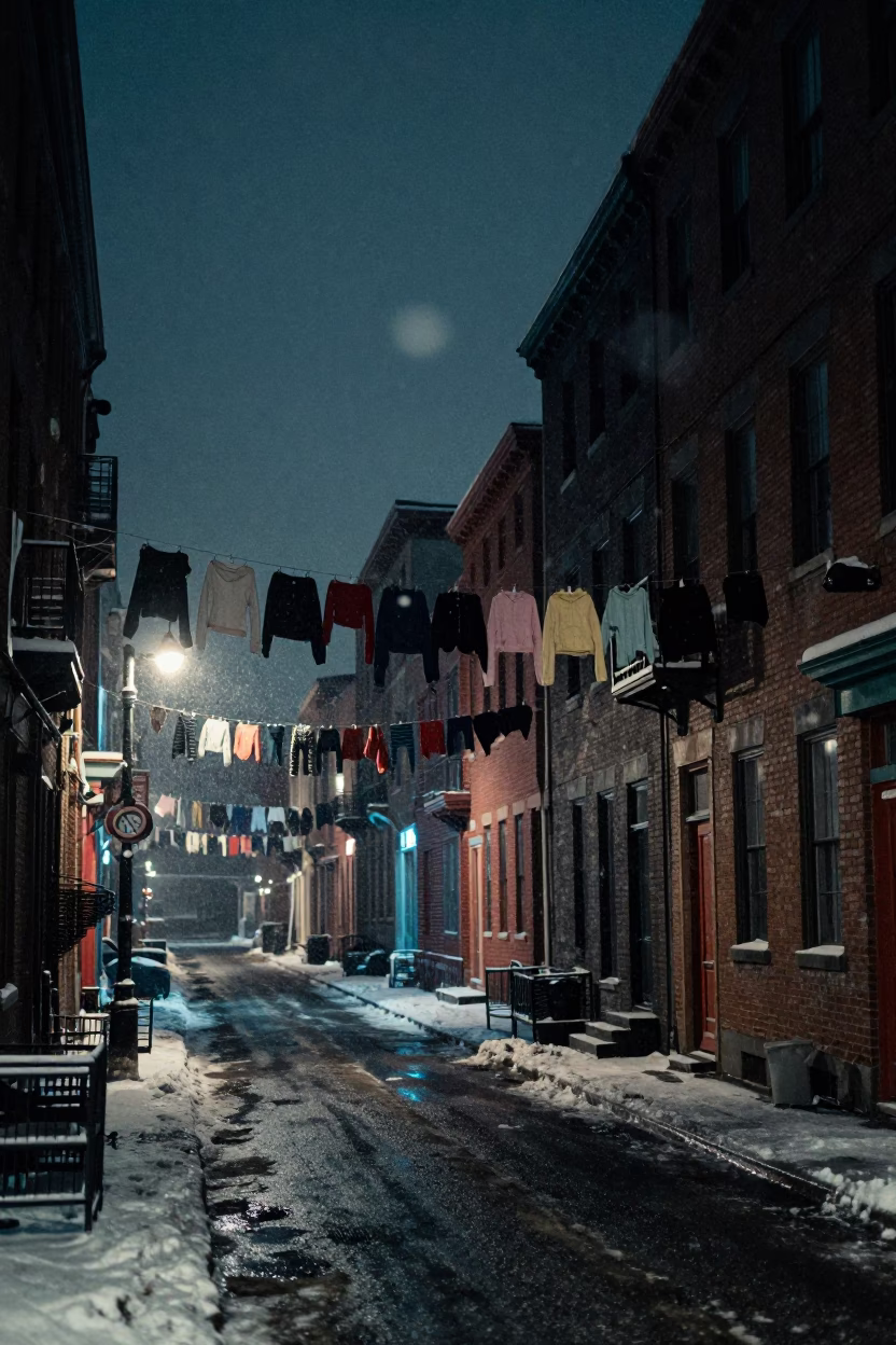 Deep Night Montreal Street Scene with Clothesline and Turnbuckle Under Snow in in Montreal, Quebec, Canada
