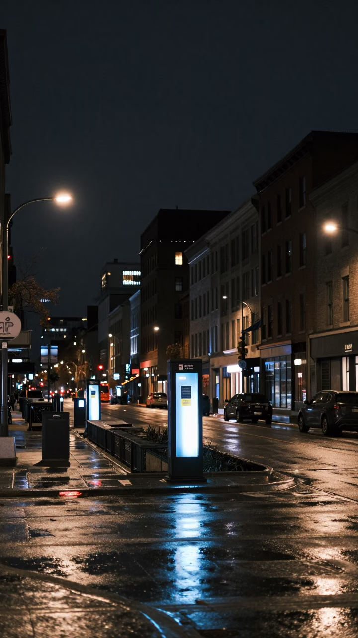 Deep Night Montreal Street Scene with Glowing Levee Pump House Window Over Floodwater in in Montreal, Quebec, Canada