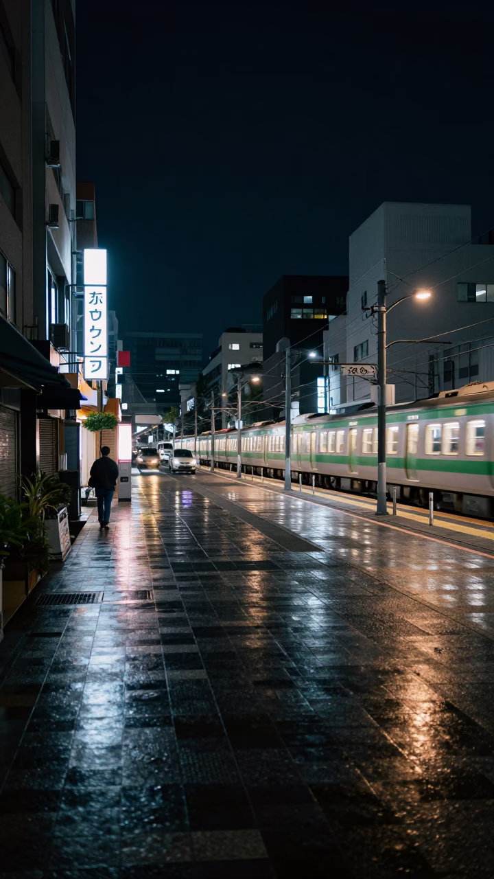 Deep Night Osaka Street Scene with Neon Reflections and Suburban Urban Life in in Osaka, Japan