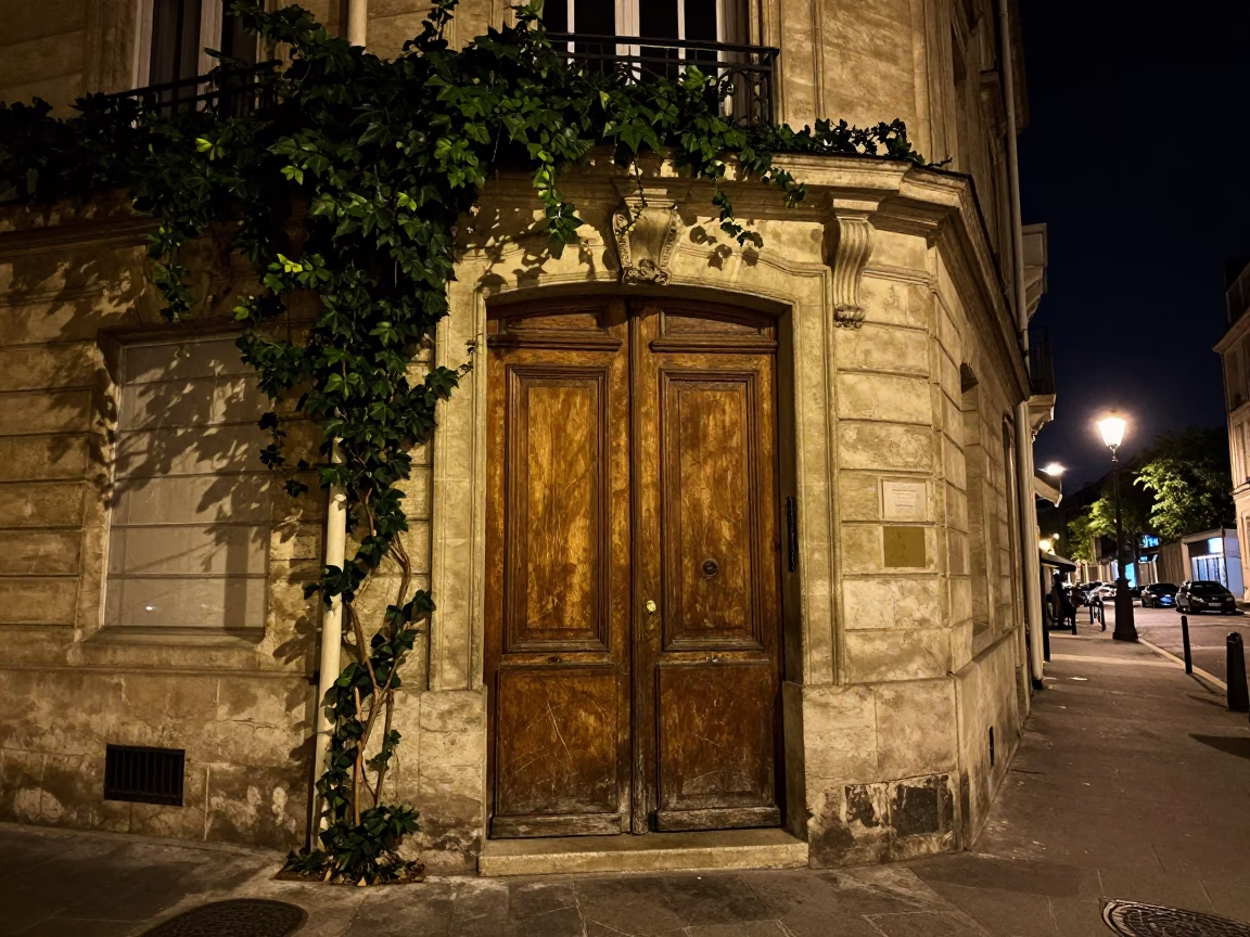 Deep Night Paris Street Scene with Ivy Vines and Scratched Doorframe Realism in in Paris, France