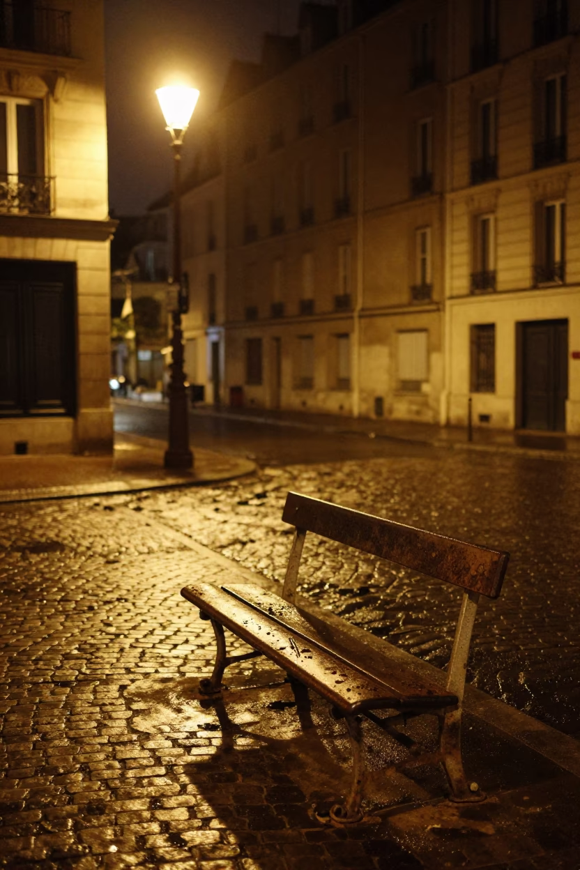 Deep Night Paris Street Scene with Rusting Bench and Empty Cobblestones in in Paris, France