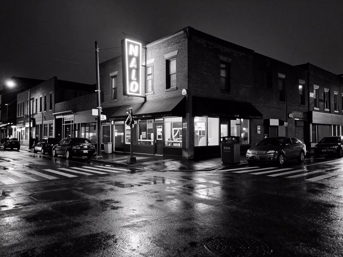 Deep Night Philadelphia Street Corner with Handkerchief and Neon Reflections in in Philadelphia, Pennsylvania, United States