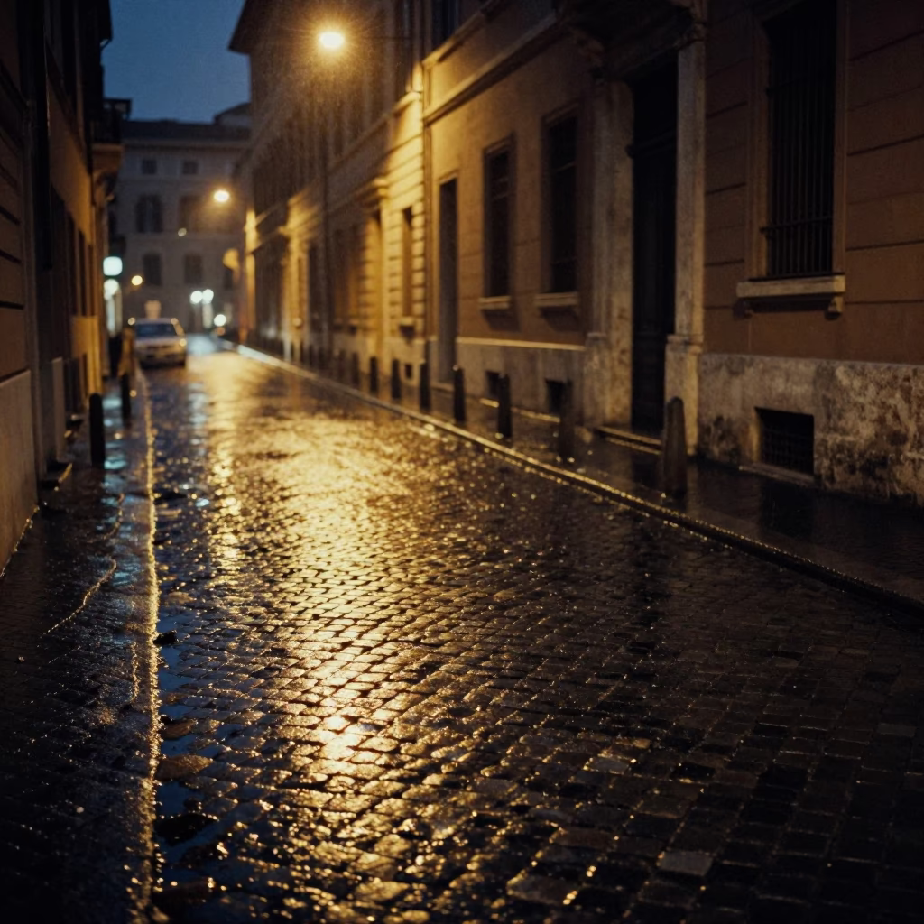 Deep Night Rome Street Scene with Cobblestones and Dim Streetlight in in Rome, Italy