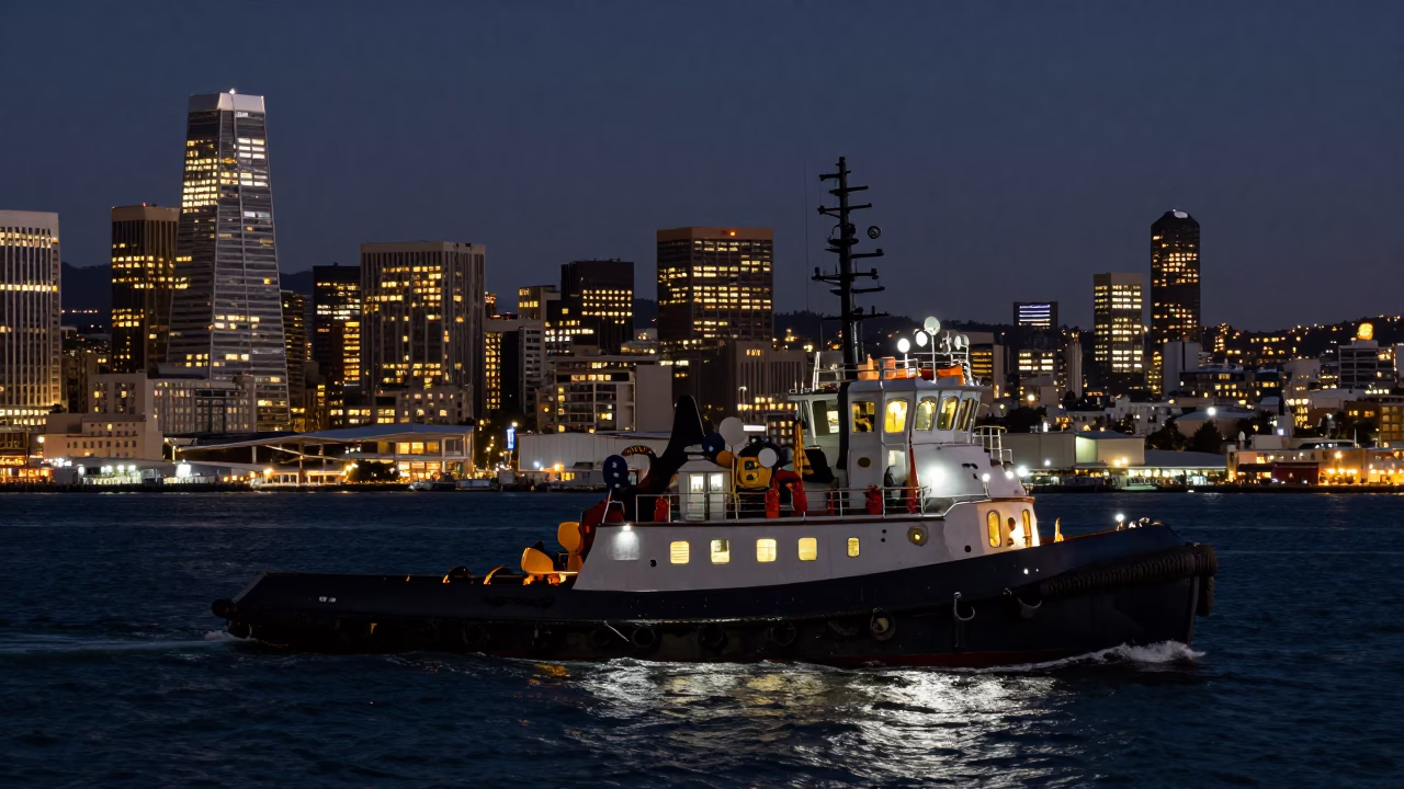 Deep Night San Francisco Harbor with Tugboat and City Lights in in San Francisco, California, United States