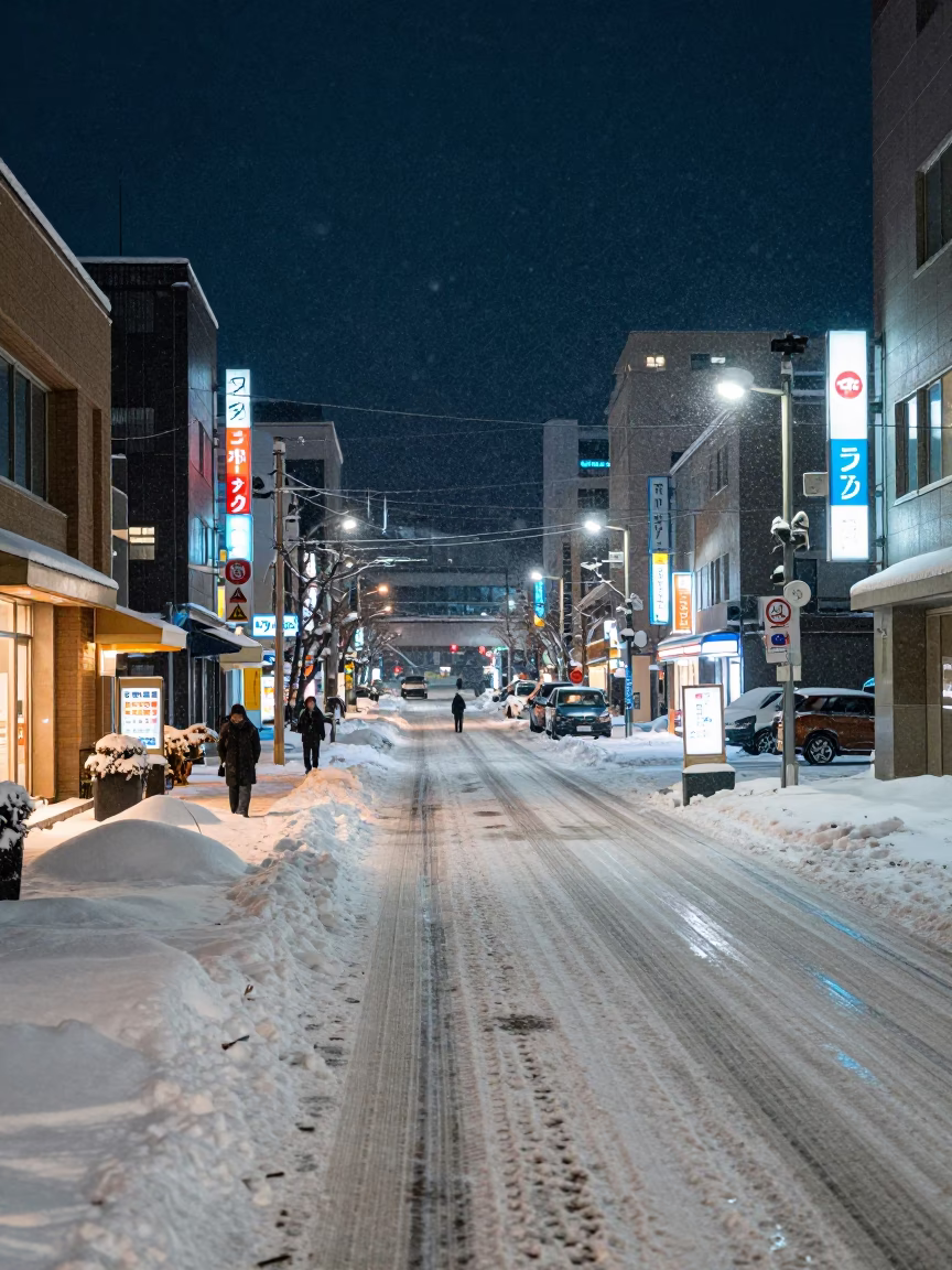 Deep Night Sapporo Street Scene with Snow and Urban Lights in in Sapporo, Japan