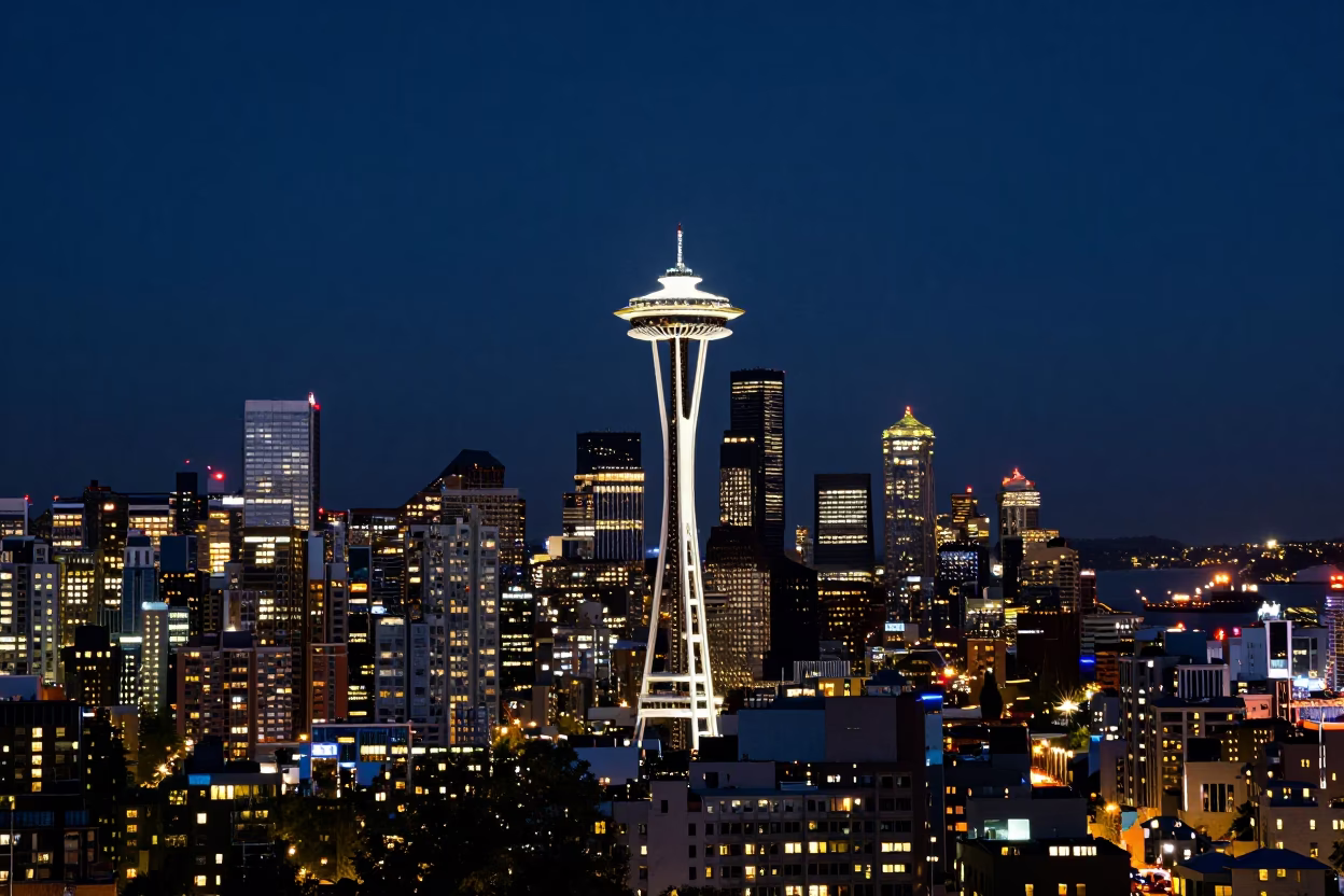 Deep Night Seattle Skyline View with Cargo Ship Horizon and Space Needle in in Seattle, Washington, United States