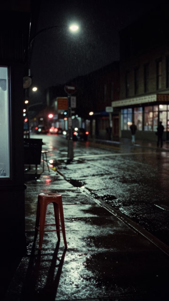 Deep Night Seattle Street Scene with Kitchen Stool and Dusting Cloth in in Seattle, Washington, United States
