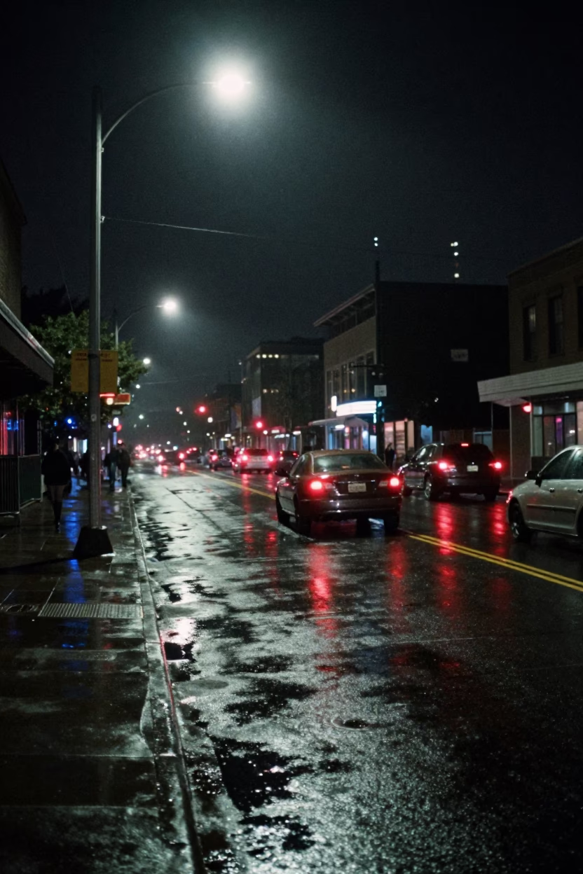 Deep Night Seattle Street Scene with Neon Reflections and Urban Details in in Seattle, Washington, United States