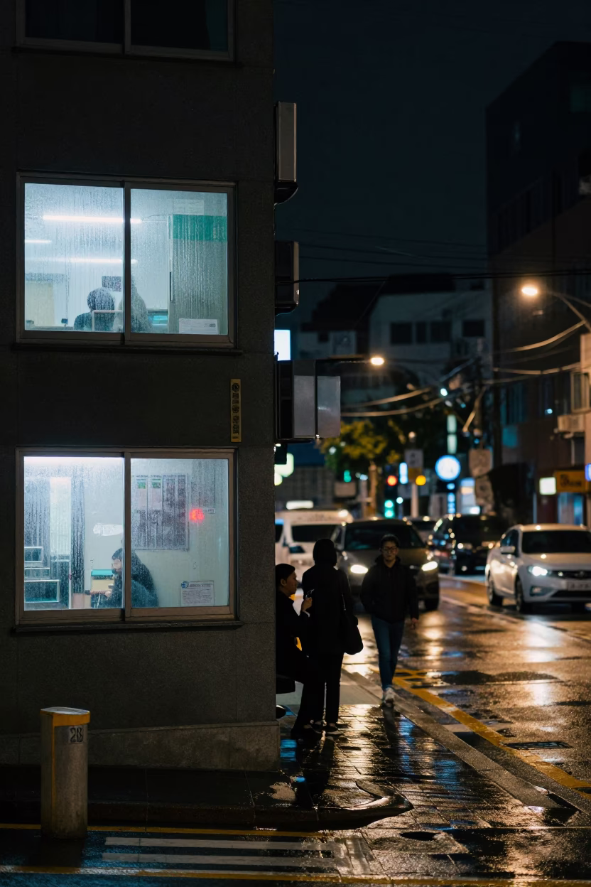 Deep Night Seoul Street Scene with Condensation Covered Window and Science Posters in in Seoul, South Korea
