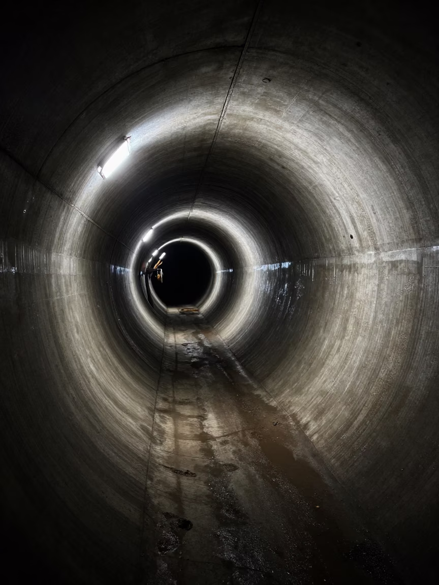 Deep Night Sewage Interceptor Tunnel Under Harsh Work Lights in New York City in in New York, New York, United States