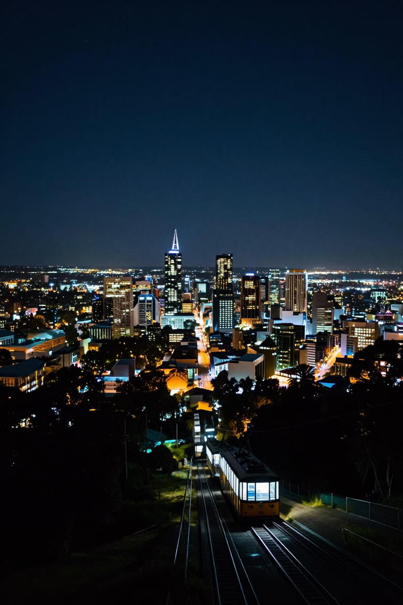 Deep Night Sky Over Adelaide South Australia Hill Funicular and City Lights in in Adelaide, South Australia, Australia