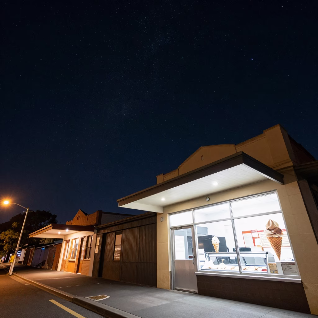 Deep Night Sky Over Adelaide South Australia Street Scene with Gelato Display in in Adelaide, South Australia, Australia